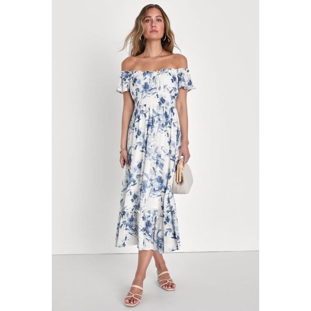 Lulus Delightfully Sweet White Floral Off-the-shoulder Midi Dress - Size S